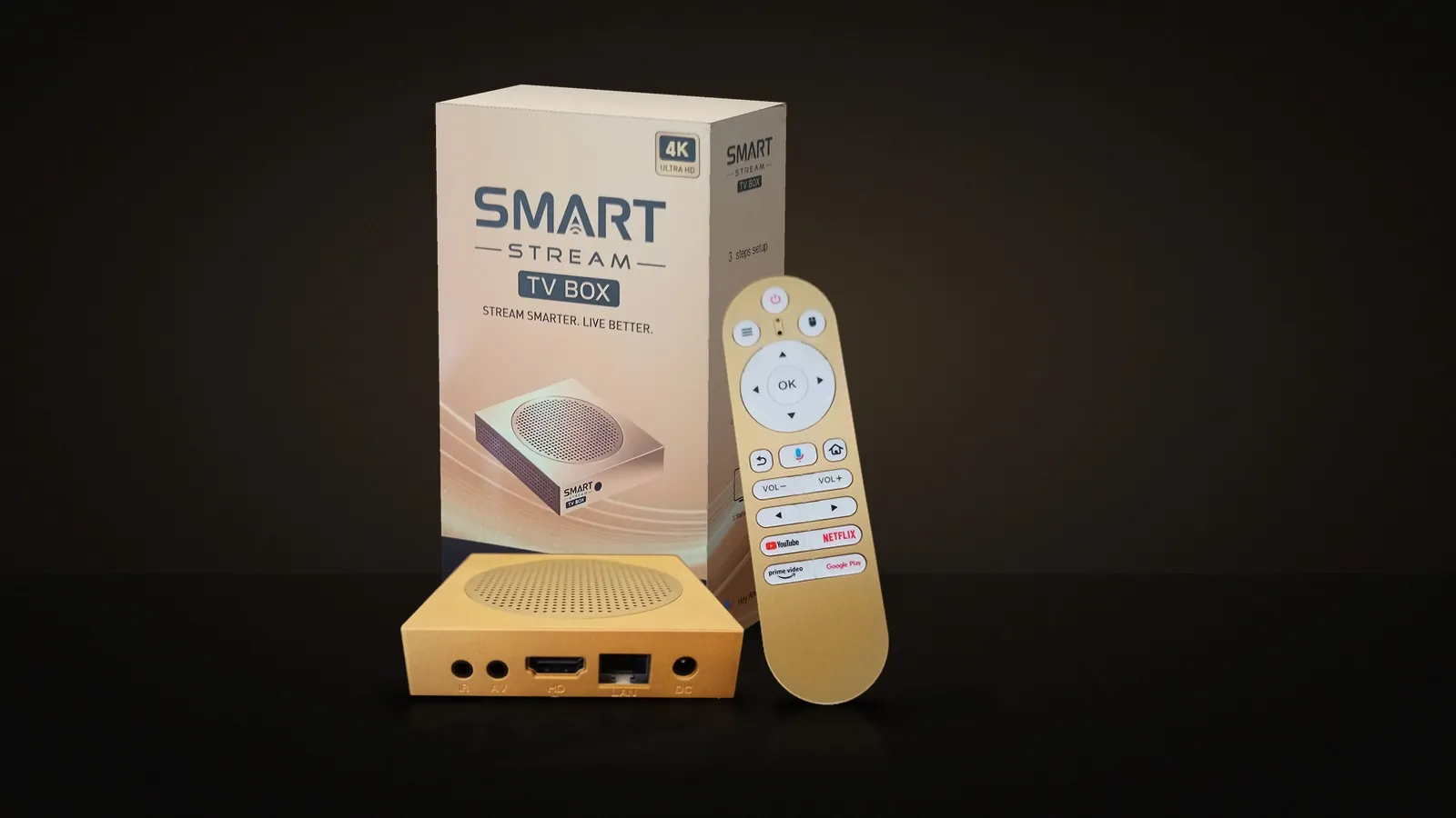 Smart Stream TV Box retail package with the TV box and remote in front of it