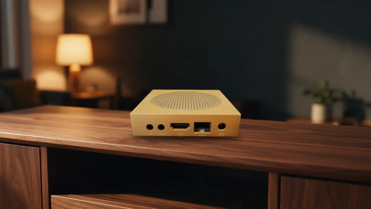 The Smart Stream TV Box on a wooden TV console in a softly lit living room