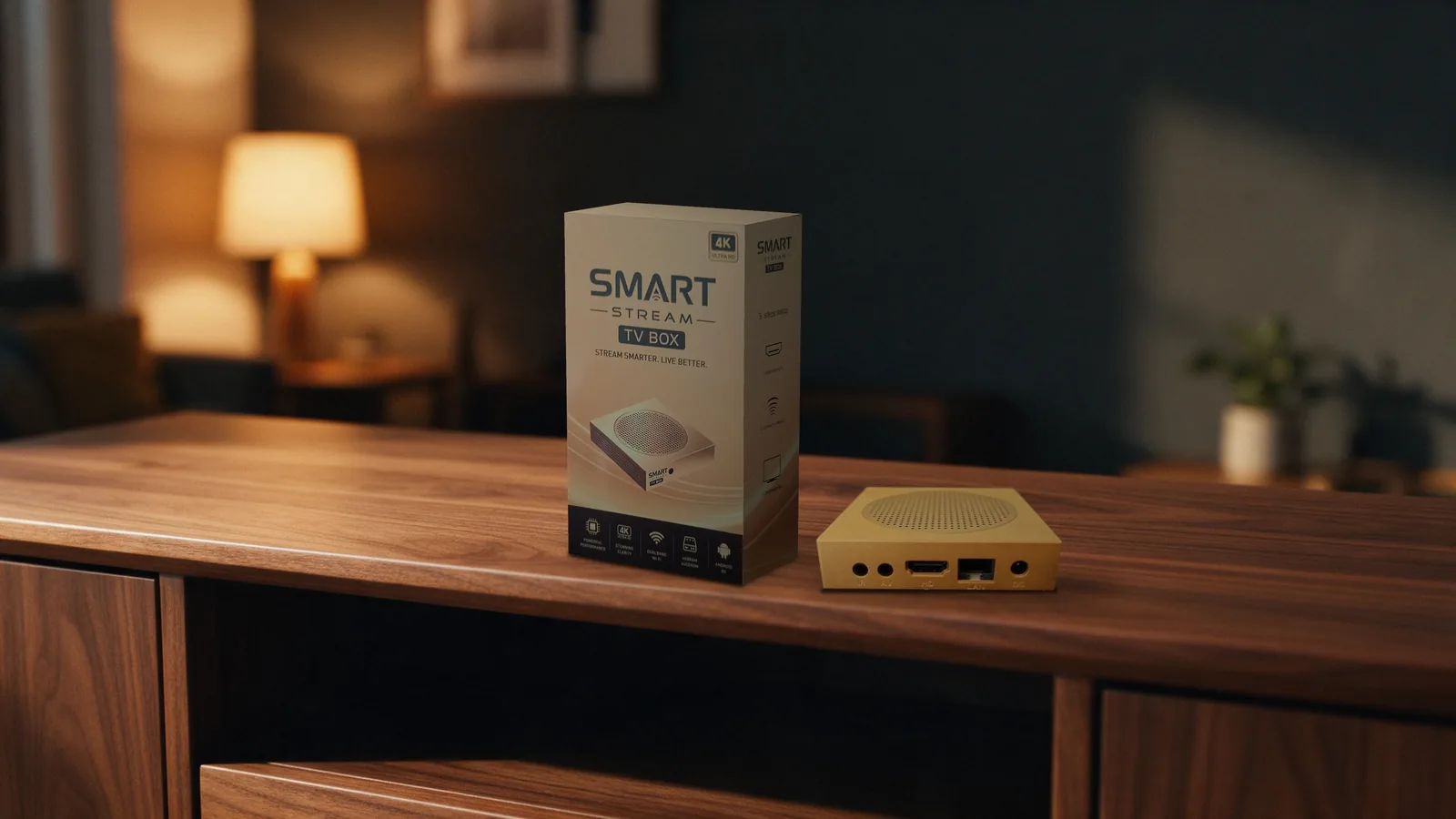The Smart Stream TV Box and its retail package on a wooden TV console in a softly lit living room